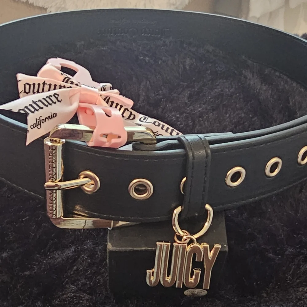 Juicy Couture Black Belt with Gold Buckle and Pink Ribbon
